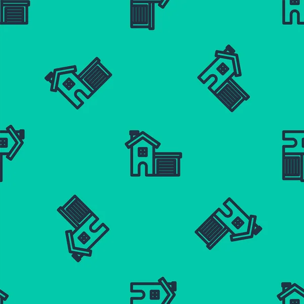 Blaue Linie Haus Symbol isoliert nahtlose Muster auf grünem Hintergrund. Heimatsymbol. Vektorillustration — Stockvektor