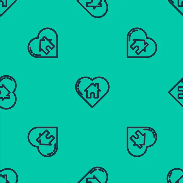 Casa de línea azul con icono de forma de corazón aislado patrón sin costuras sobre fondo verde. El símbolo del amor en casa. Familia, bienes raíces y bienes raíces. Ilustración vectorial — Vector de stock