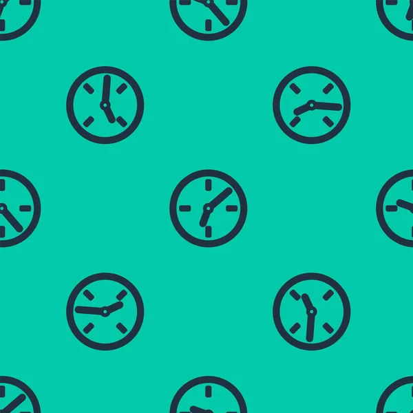 Línea azul icono del reloj aislado patrón sin costuras sobre fondo verde. Símbolo de tiempo. Ilustración vectorial — Archivo Imágenes Vectoriales