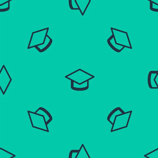 Linea blu Graduation cap icona isolato modello senza soluzione di continuità su sfondo verde. Cappello da laurea con icona a nappa. Illustrazione vettoriale — Vettoriale Stock
