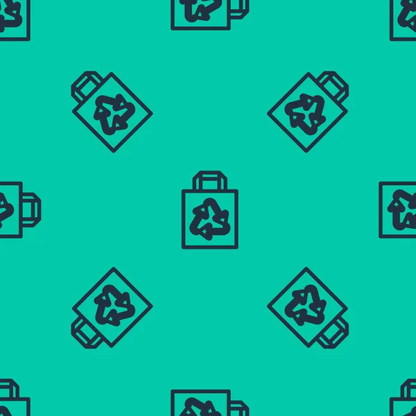 Línea azul Bolsa de compras de papel con icono de reciclaje patrón inconsútil aislado sobre fondo verde. Bolsa con símbolo de reciclaje. Ilustración vectorial — Vector de stock