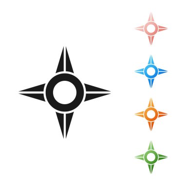 Siyah Japon ninja shuriken simgesi beyaz arkaplanda izole edildi. Simgeleri renklendirin. Vektör İllüstrasyonu
