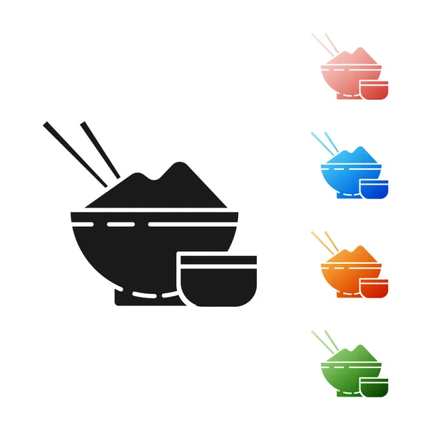 用筷子和酱油图标把黑米放在一个碗里,用白色背景隔开. 传统的亚洲食物。 设置彩色图标。 病媒图解 — 图库矢量图片