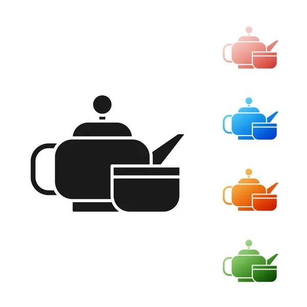 Schwarze traditionelle japanische Teezeremonie Symbol isoliert auf weißem Hintergrund. Teekanne mit Becher vorhanden. setzen Symbole bunt. Vektorillustration — Stockvektor