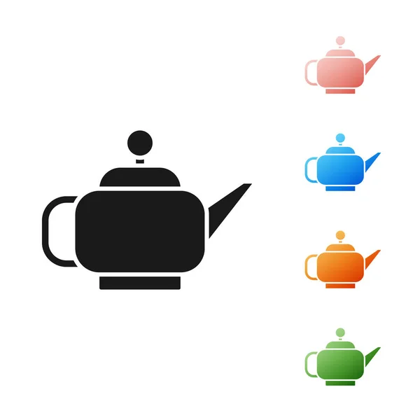 Черный традиционный японский чайная церемония икона изолированы на белом фоне. Чайник с чашкой. Набор иконок красочный. Векторная миграция — стоковый вектор
