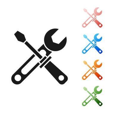 Beyaz arkaplanda siyah tornavida ve anahtar simgesi izole edildi. Servis aracı sembolü. Simgeleri renklendirin. Vektör İllüstrasyonu