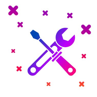 Beyaz arkaplanda izole edilmiş renkli tornavida ve anahtar araçları simgesi. Servis aracı sembolü. Kademeli rastgele dinamik şekiller. Vektör İllüstrasyonu