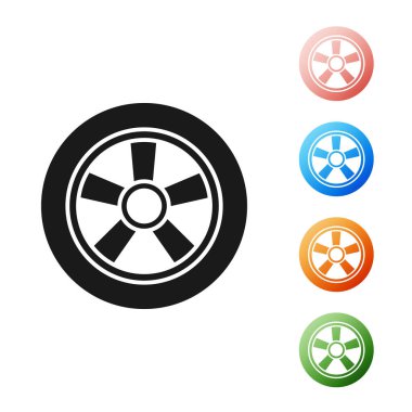 Siyah araba tekeri simgesi beyaz arkaplanda izole edilmiş. Simgeleri renklendirin. Vektör İllüstrasyonu