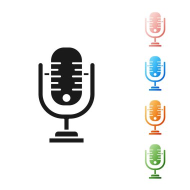 Beyaz arkaplanda siyah mikrofon simgesi izole edildi. Radyodaki mikrofondan. Sözcü işareti. Simgeleri renklendirin. Vektör İllüstrasyonu