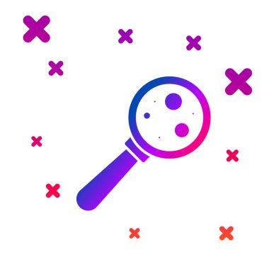 Büyüteç simgesi altındaki renkli mikroorganizmalar beyaz arkaplanda izole edilmiş. Bakteri ve mikroplar, hücre kanseri, mikrop, virüs, mantar. Kademeli rastgele dinamik şekiller. Vektör İllüstrasyonu