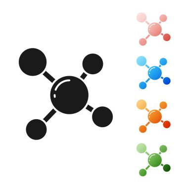 Beyaz arkaplanda siyah molekül simgesi izole edildi. Kimya moleküllerinin yapısı, fen öğretmenlerinin yenilikçi eğitim posteri. Simgeleri renklendirin. Vektör İllüstrasyonu