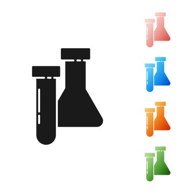 Beyaz arka planda siyah test tüpü ve kimyasal test ikonu izole edildi. Laboratuvar cam levhası. Simgeleri renklendirin. Vektör İllüstrasyonu