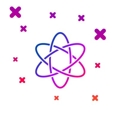 Beyaz arkaplanda izole edilmiş renkli Atom simgesi. Bilimin, eğitimin, nükleer fiziğin, bilimsel araştırmaların sembolü. Kademeli rastgele dinamik şekiller. Vektör İllüstrasyonu