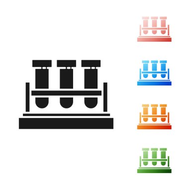 Beyaz arka planda siyah test tüpü ve kimyasal test ikonu izole edildi. Laboratuvar cam levhası. Simgeleri renklendirin. Vektör İllüstrasyonu