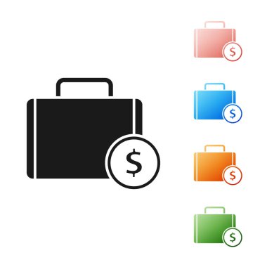 Siyah evrak çantası ve para simgesi beyaz arka planda izole. İş davası işareti. İş portföyü. Simgeler renkli ayarlayın. Vektör Illustration