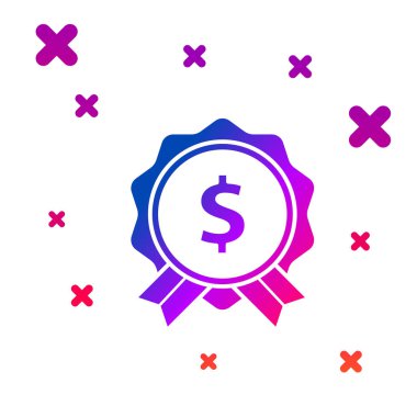 Beyaz arkaplanda dolar simgesi olan renk fiyatı etiketi. Rozet fiyatına. Dolar sembollü indirim. Reklam etiketi indirimi. Kademeli rastgele dinamik şekiller. Vektör İllüstrasyonu