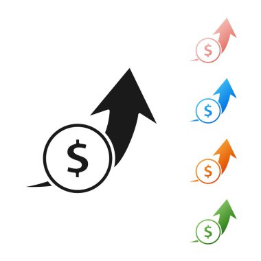 Siyah Finansal büyüme ve madeni para ikonu beyaz arka planda izole edilmiş. Gelirleri arttırıyorum. Simgeleri renklendirin. Vektör İllüstrasyonu