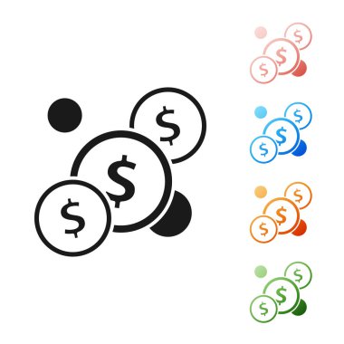 Beyaz zemin üzerinde dolar sembolü olan siyah madeni para. Bankacılık işareti. Para sembolü. Simgeleri renklendirin. Vektör İllüstrasyonu