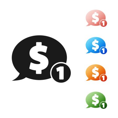 Beyaz arka planda dolar simgesi olan siyah konuşma balonu. Rozet fiyatına. Dolar sembollü indirim. Reklam etiketi indirimi. Simgeleri renklendirin. Vektör İllüstrasyonu