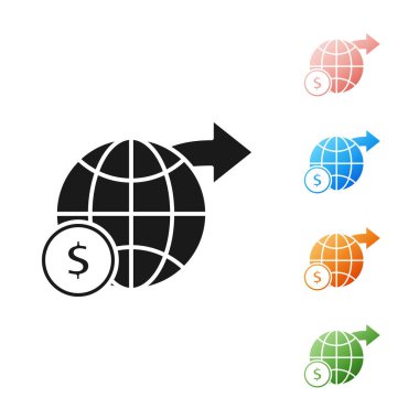 Siyah toprak küre beyaz arka planda izole dolar sembol simgesi ile. Dünya veya dünya tabelası. Küresel internet sembolü. Geometrik şekiller. Simgeler renkli ayarlayın. Vektör Illustration