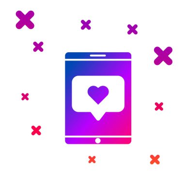 Renkli cep telefonu ve beyaz arka planda izole edilmiş kalp ikonu gibi. Karşıt Bildirim Simgesi. Insta 'yı takip et. Kademeli rastgele dinamik şekiller. Vektör İllüstrasyonu