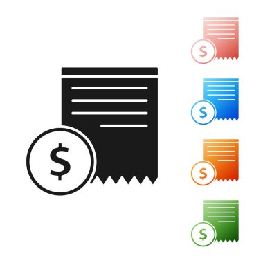 Siyah kağıt kontrol ve mali onay simgesi beyaz arka planda yalıtılmış. Kağıt baskı kontrolü, dükkan makbuzu veya faturası. Simgeler renkli ayarlayın. Vektör Illustration