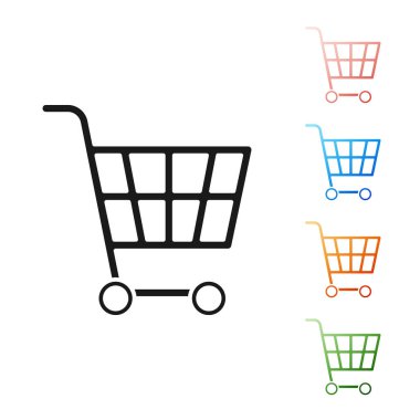 Siyah alışveriş sepeti simgesi beyaz arka planda yalıtılmış. Online satın alma kavramı. Teslimat hizmeti işareti. Süpermarket sepeti sembolü. Simgeler renkli ayarlayın. Vektör Illustration