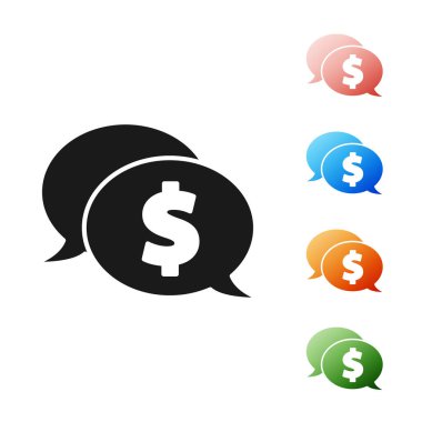 Beyaz arka planda dolar simgesi olan siyah konuşma balonu. Rozet fiyatına. Dolar sembollü indirim. Reklam etiketi indirimi. Simgeleri renklendirin. Vektör İllüstrasyonu
