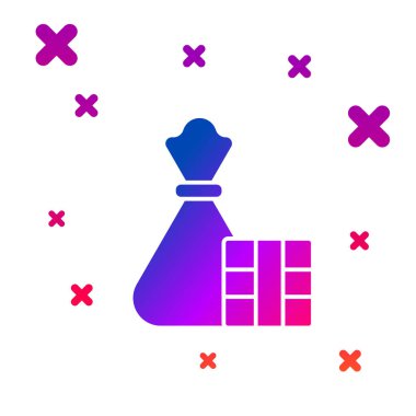 Renkli hediye kutusu ve torba simgesi beyaz arkaplanda izole edildi. Mutlu Noeller ve mutlu yıllar. Kademeli rastgele dinamik şekiller. Vektör İllüstrasyonu