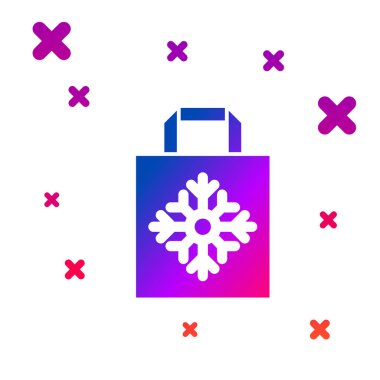 Beyaz arka planda izole edilmiş renkli Noel kâğıdı alışveriş poşeti ikonu. Paket işareti. Mutlu Noeller ve mutlu yıllar. Kademeli rastgele dinamik şekiller. Vektör İllüstrasyonu