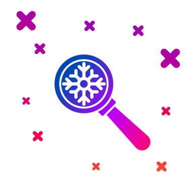 Beyaz zemin üzerinde kar tanesi simgesi olan renkli büyüteç. Kademeli rastgele dinamik şekiller. Vektör İllüstrasyonu