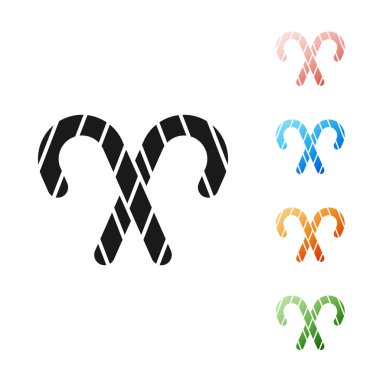 Beyaz arka planda izole edilmiş çizgili siyah Noel şekerleme çubuğu. Mutlu Noeller ve mutlu yıllar. Simgeleri renklendirin. Vektör İllüstrasyonu