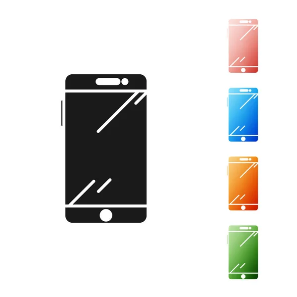 Czarny smartfon, ikona telefonu komórkowego na białym tle. Zestaw ikon kolorowe. Ilustracja wektora — Wektor stockowy