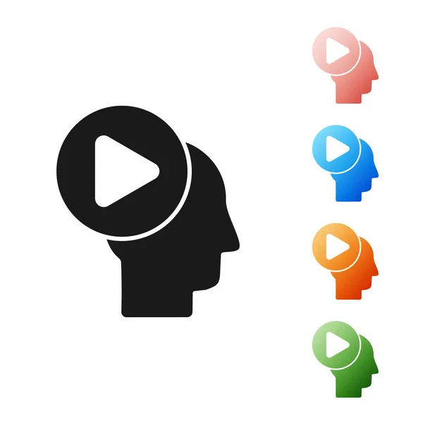 Black Head personer med play knapp ikon isolerad på vit bakgrund. Ställ ikoner färgglada. Vektor Illustration — Stock vektor