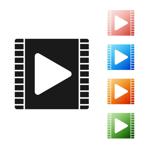 Black Play ícone de vídeo isolado no fundo branco. Tira de filme com sinal de jogo. Definir ícones coloridos. Ilustração vetorial — Vetor de Stock