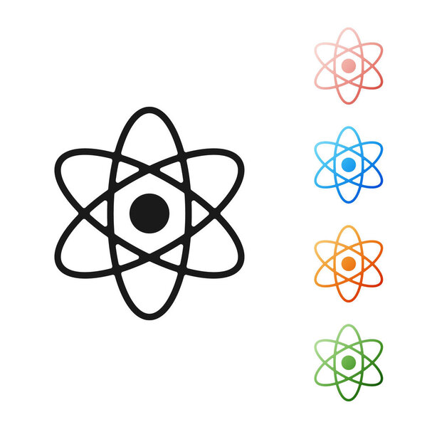 Черный Атом значок изолирован на белом фоне. Символ науки, образования, ядерной физики, научных исследований. Набор иконок красочный. Векторная миграция
