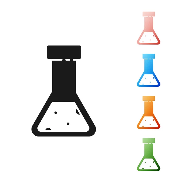 Tubo de teste preto e ícone de teste químico do frasco isolado no fundo branco. Sinal de vidro de laboratório. Definir ícones coloridos. Ilustração vetorial —  Vetores de Stock