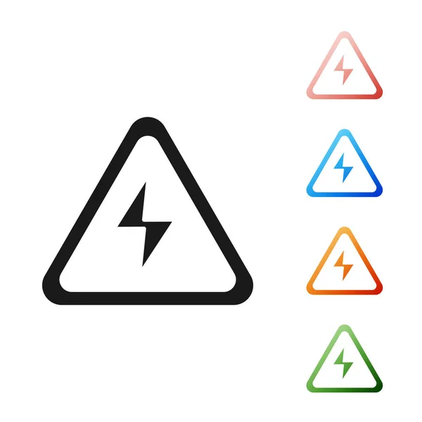 Zwart pictogram voor hoogspanningsborden geïsoleerd op witte achtergrond. Gevarensymbool. Pijl in driehoek. Waarschuwing icoon. Stel pictogrammen kleurrijk. Vector Illustratie — Stockvector