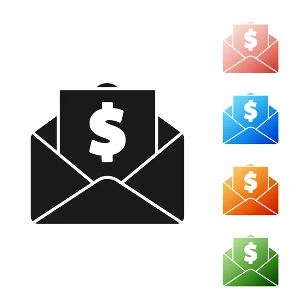 Black Envelope with coin dollar symbol icon isolated on white background. Salary increase, money payroll, compensation income. Set icons colorful. Vector Illustration — Stock Vector