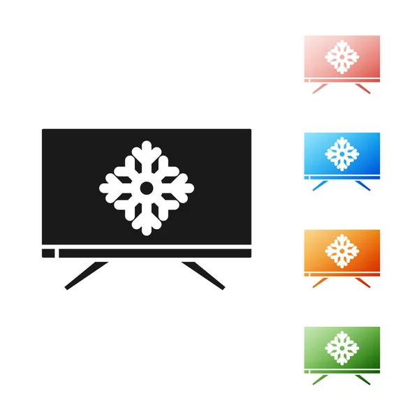 Μαύρα Καλά Χριστούγεννα στην τηλεόραση και snowflake εικόνα απομονώνονται σε λευκό φόντο. Καλή Χρονιά. Ορισμός εικονίδια πολύχρωμα. Εικονογράφηση διανύσματος — Διανυσματικό Αρχείο