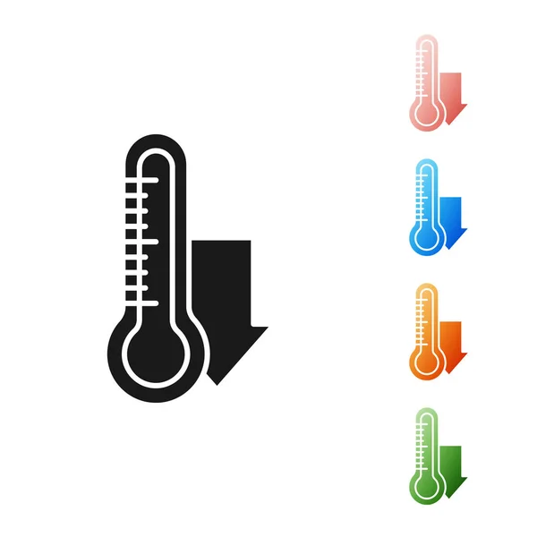 黑色气象学温度计测量在白色背景下隔离的图标。 显示炎热或寒冷天气的温度计设备。 设置彩色图标。 病媒图解 — 图库矢量图片