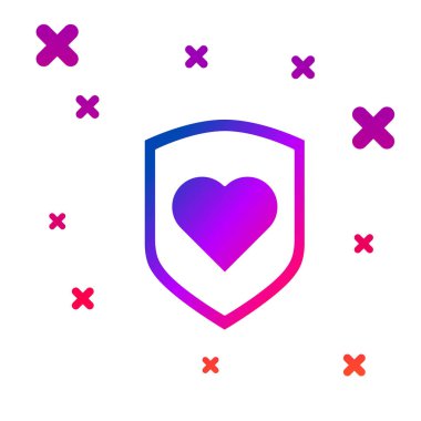 Beyaz arkaplanda izole edilmiş kalkan simgesine sahip Renk Kalbi. Aşk sembolü. Güvenlik, güvenlik, koruma, konsept koruma. Sevgililer Günü. Kademeli rastgele dinamik şekiller. Vektör İllüstrasyonu