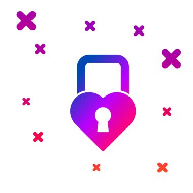 Renkli Kale, beyaz arka planda izole edilmiş kalp simgesi şeklinde. Kilitli Kalp. Aşk sembolü ve anahtar deliği işareti. Sevgililer Günü. Kademeli rastgele dinamik şekiller. Vektör İllüstrasyonu