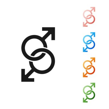 Siyah Erkek cinsiyet sembolü simgesi beyaz arka planda izole. Simgeleri renkli ayarlayın. Vektör İllüstrasyonu