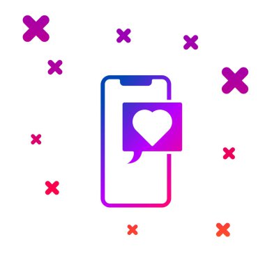 Kalp emojisi konuşma baloncuklu renkli akıllı telefon beyaz arkaplanda izole edilmiş ekran simgesine mesaj gönder. Sevgililer Günü. Kademeli rastgele dinamik şekiller. Vektör İllüstrasyonu