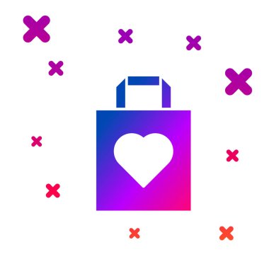 Beyaz arka plan üzerinde izole kalp simgesi ile Renk Alışveriş çantası. Alışveriş çantası dükkanı kalp simgesi gibi seviyorum. Sevgililer günü sembolü. Gradyan rasgele dinamik şekiller. Vektör İllüstrasyonu