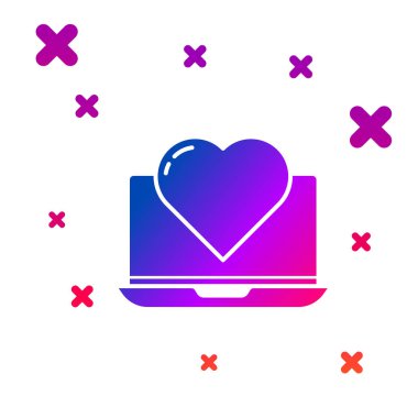 Beyaz arkaplanda kalp ikonu olan renkli dizüstü bilgisayar. Sevgililer Günü. Kademeli rastgele dinamik şekiller. Vektör İllüstrasyonu