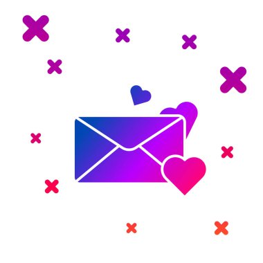 Beyaz arka plan üzerinde izole Valentine kalp simgesi ile Renk Zarf. Mesaj aşk. Mektup aşk ve romantizm. Gradyan rasgele dinamik şekiller. Vektör İllüstrasyonu