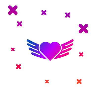 Beyaz arkaplanda izole edilmiş kanat simgesine sahip renk kalbi. Aşk sembolü. Sevgililer Günü. Kademeli rastgele dinamik şekiller. Vektör İllüstrasyonu