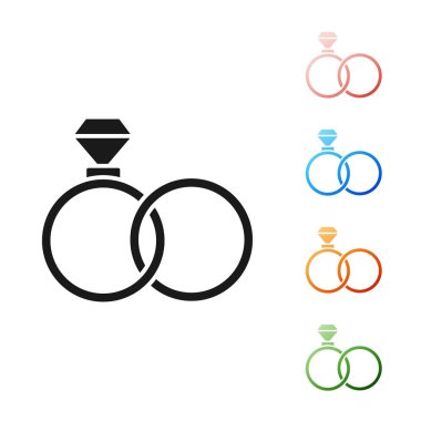 Siyah alyans simgesi beyaz arkaplanda izole edilmiş. Gelin ve damat mücevher tabelası. Evlilik sembolü. Elmas yüzük. Simgeleri renklendirin. Vektör İllüstrasyonu